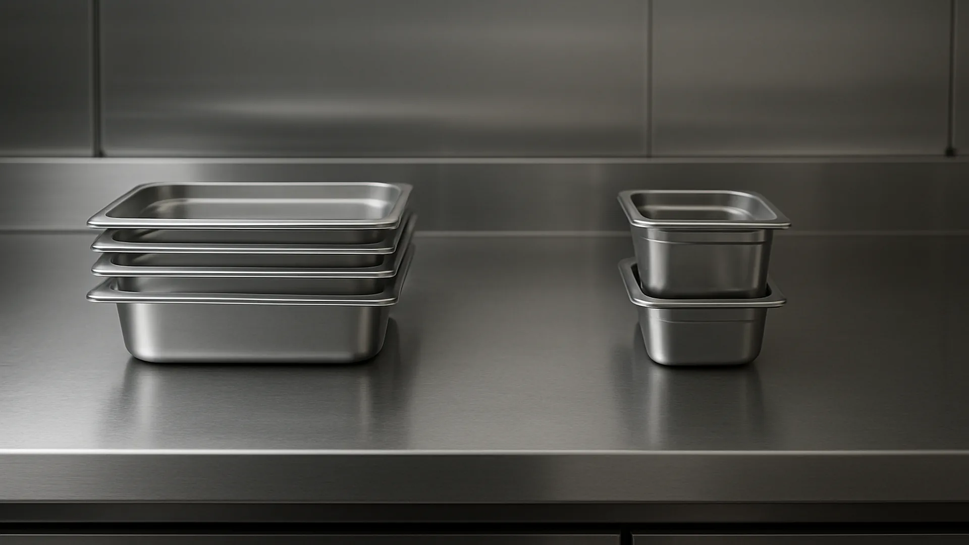 Plan de travail inox d'une cuisine professionnelle avec bacs gastronormes