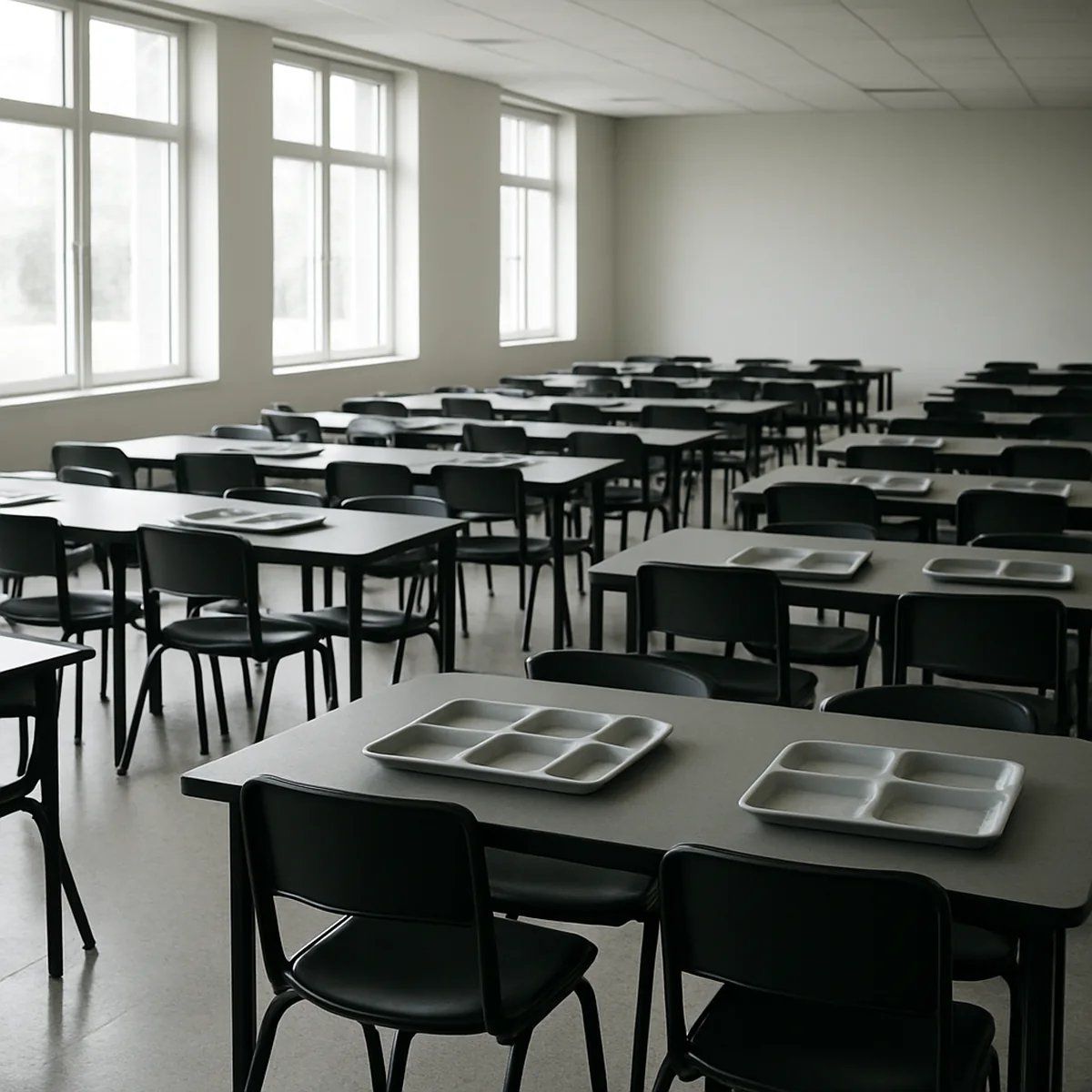 Réfectoire scolaire avec tables et plateaux vides