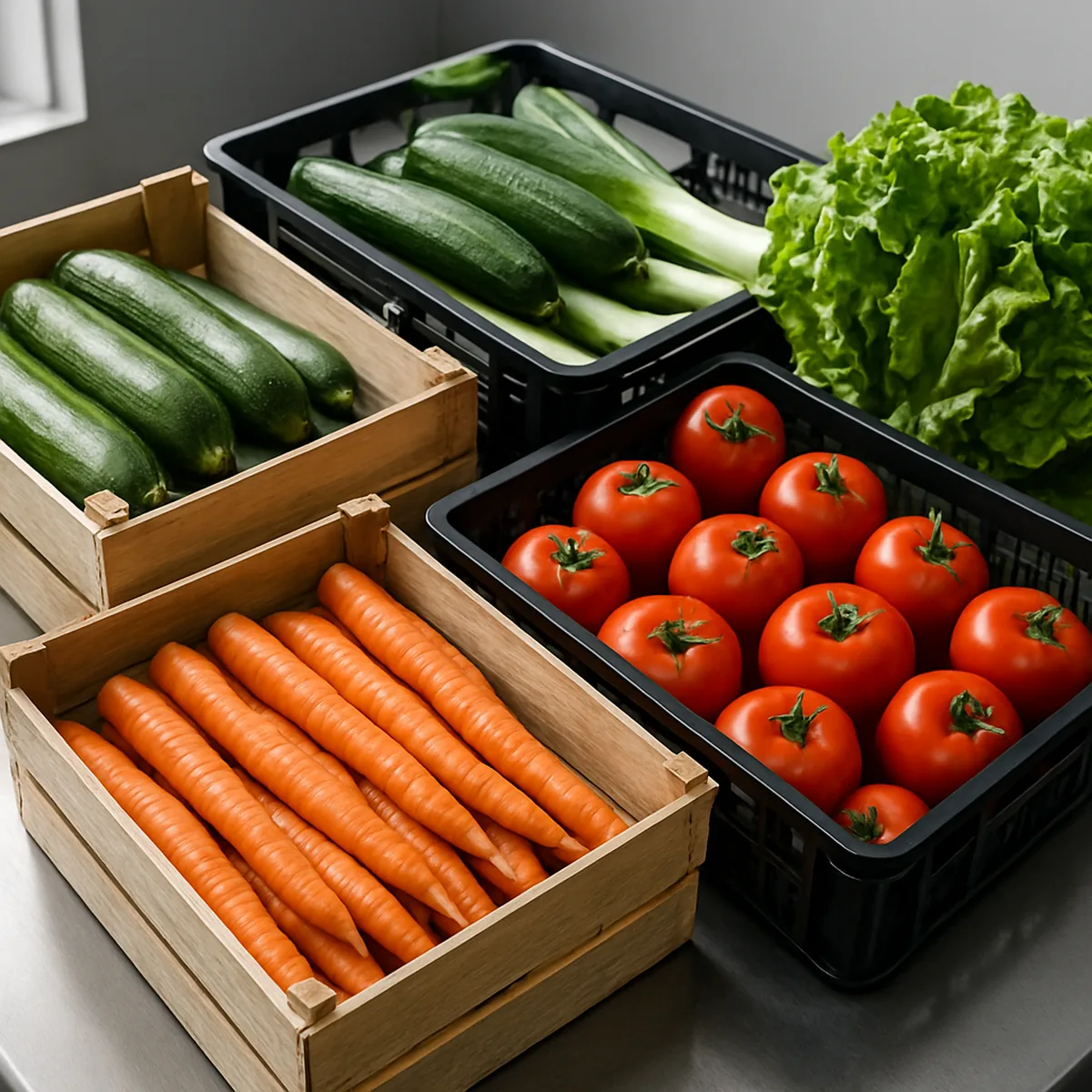 Légumes frais en cagettes sur une table en inox
